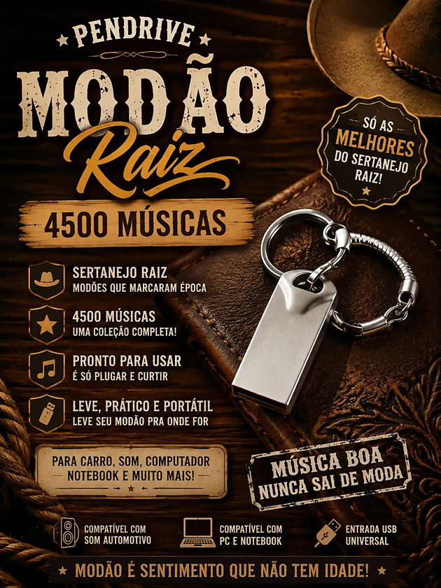 Pendrive Modão Raiz 4500 músicas sobre couro e madeira